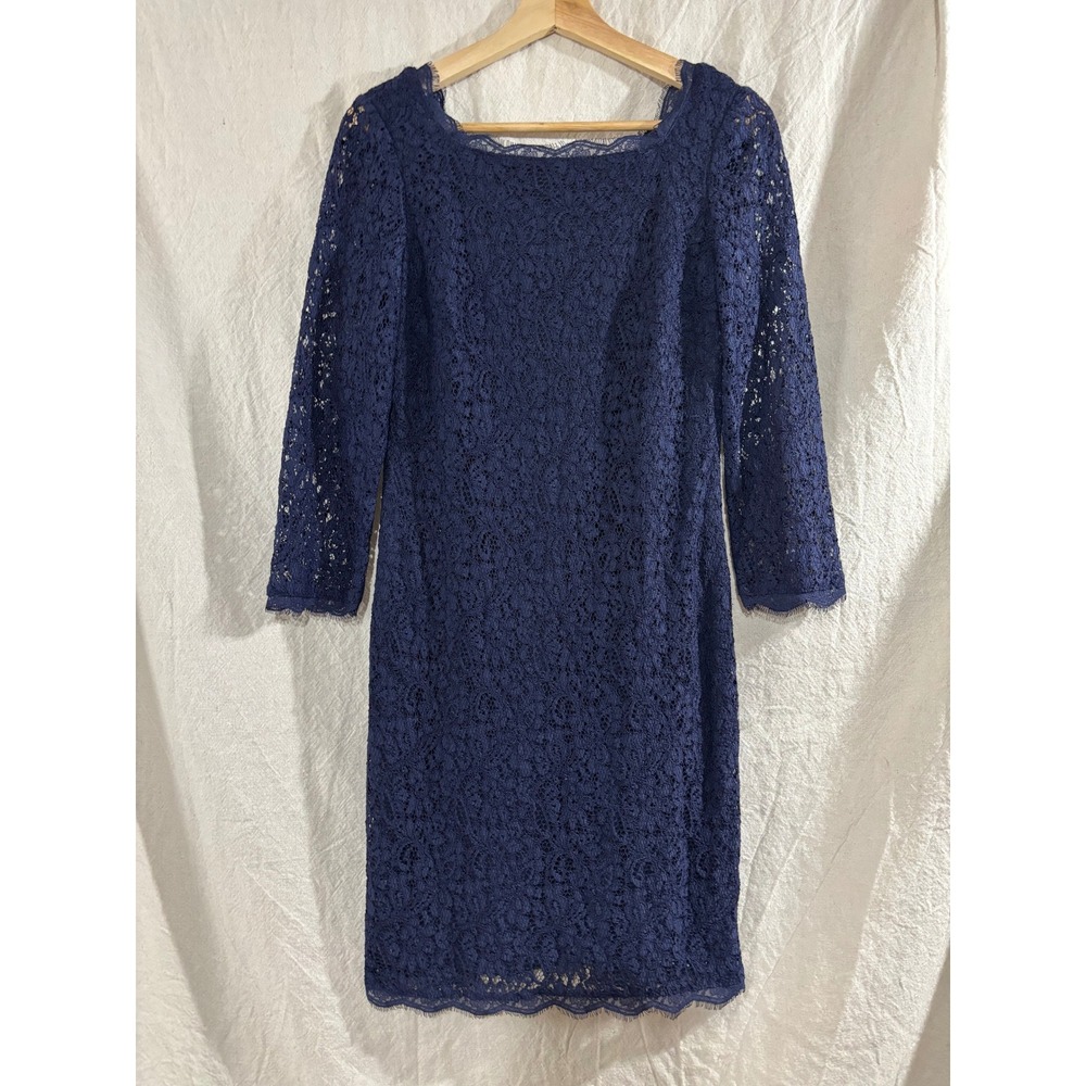 Adrianna Papell Navy Blue Floral Lace Sheath Dress Exposed Zipper Size 8